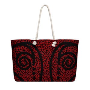 Red and black patterned tote bag.