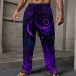 Man wearing vibrant, purple patterned pants.