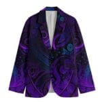 Purple paisley-patterned blazer on white background.