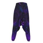 Purple patterned harem pants with abstract design.