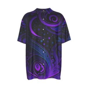 Purple and black swirling pattern shirt.