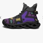 Colorful sneaker with abstract geometric design.