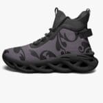 Black and purple sneaker with unique sole.