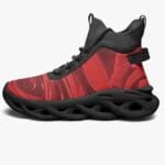 Red and black sneaker with unique sole.