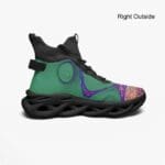 Green and black sneaker with abstract design.