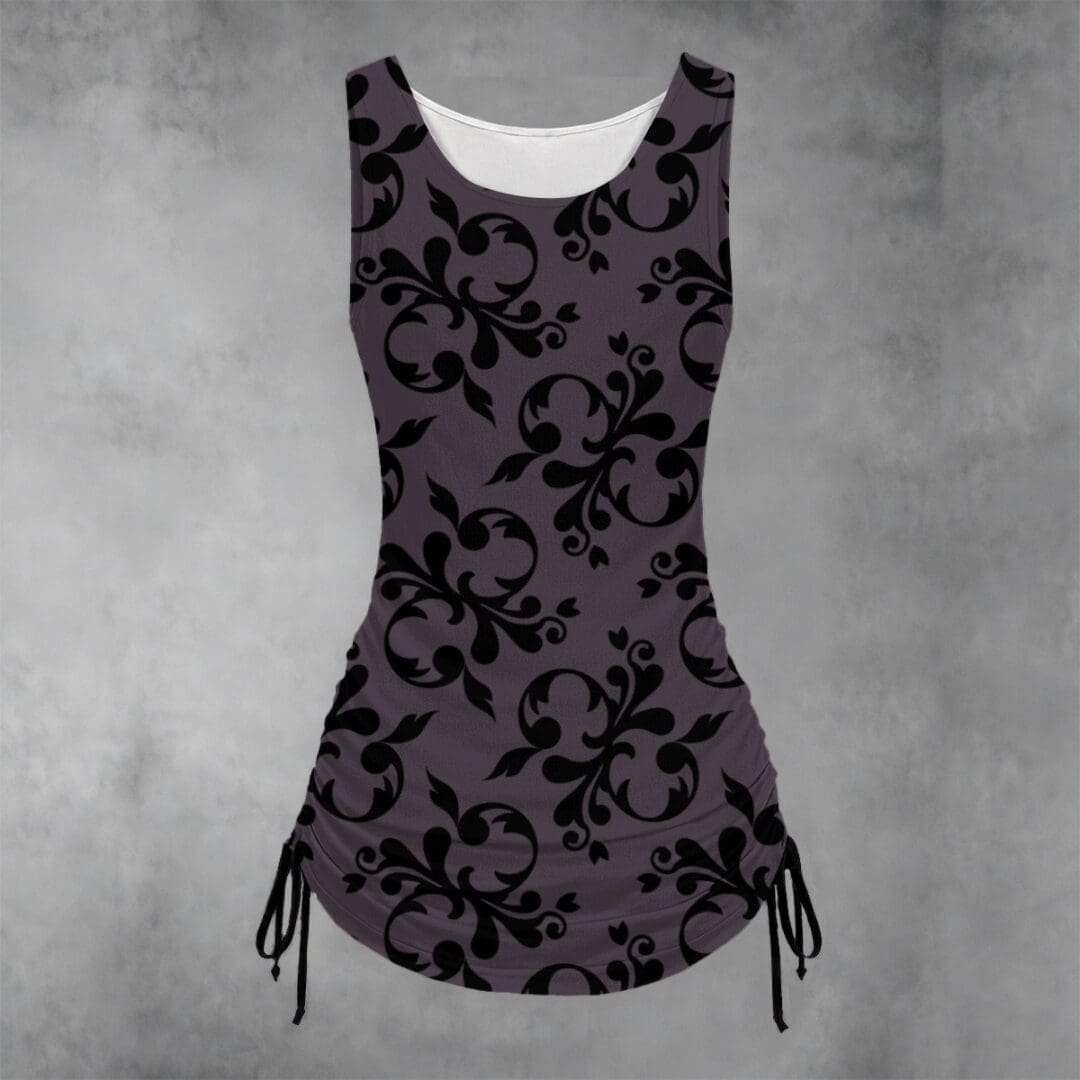 Purple tank top with black floral pattern.