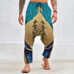 Man wearing colorful patterned harem pants.