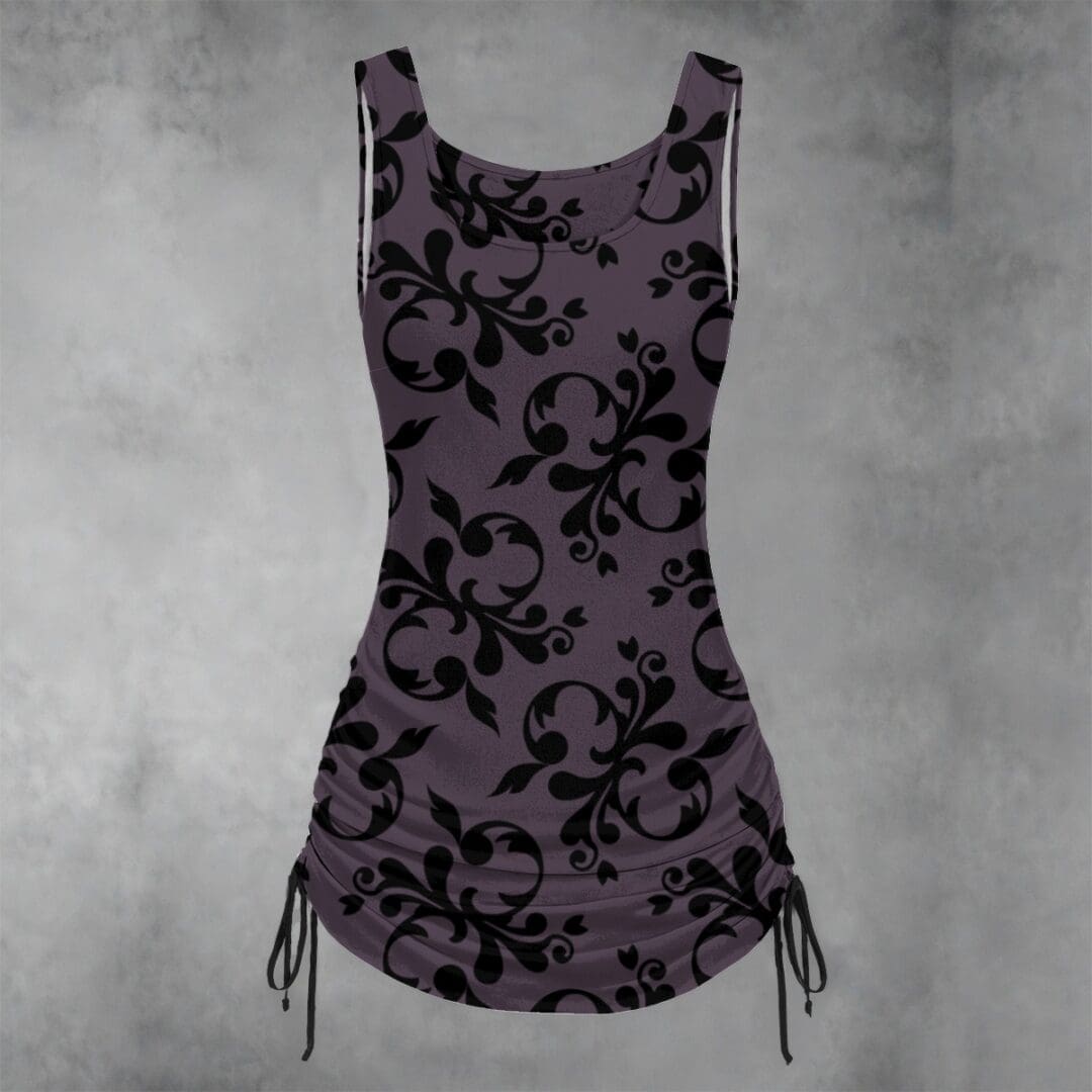 Purple dress with black floral pattern.