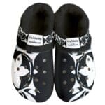 Black and white clogs with floral design.
