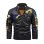 Black leather jacket with colorful sleeve patches.
