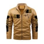 Brown jacket with black geometric patterns.
