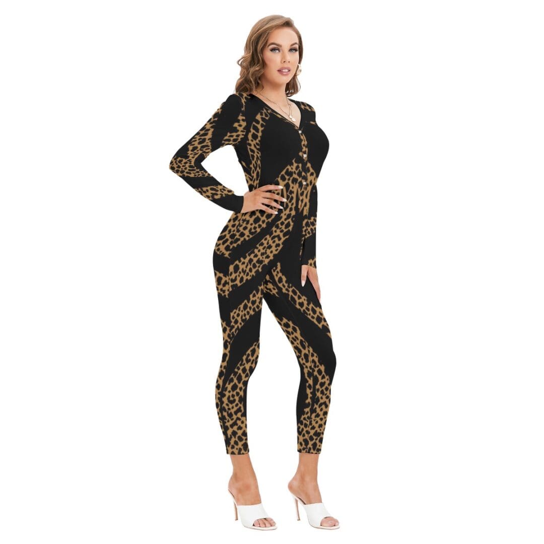 Woman wearing black and gold patterned jumpsuit.