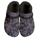 Floral-patterned slippers with black fur lining.