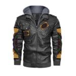 Black leather jacket with colorful mandala designs.