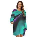 Woman wearing colorful, abstract-patterned dress.