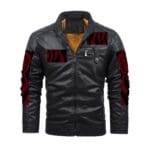 Black leather jacket with red patterned accents.