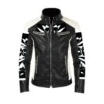 Black leather jacket with geometric white patterns.