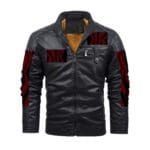 Black leather jacket with red patterned accents.