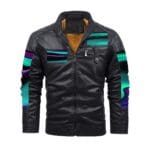 Black leather jacket with colorful accents.