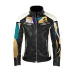 Black leather jacket with colorful abstract design.