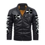 Black leather jacket with abstract sleeve patterns.