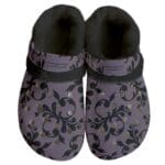 Purple slippers with black floral pattern design.