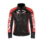 Black and red leather jacket with design.