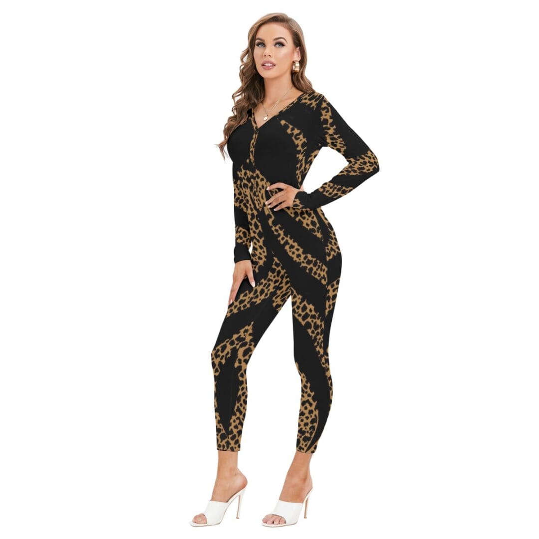 Woman posing in leopard print jumpsuit.