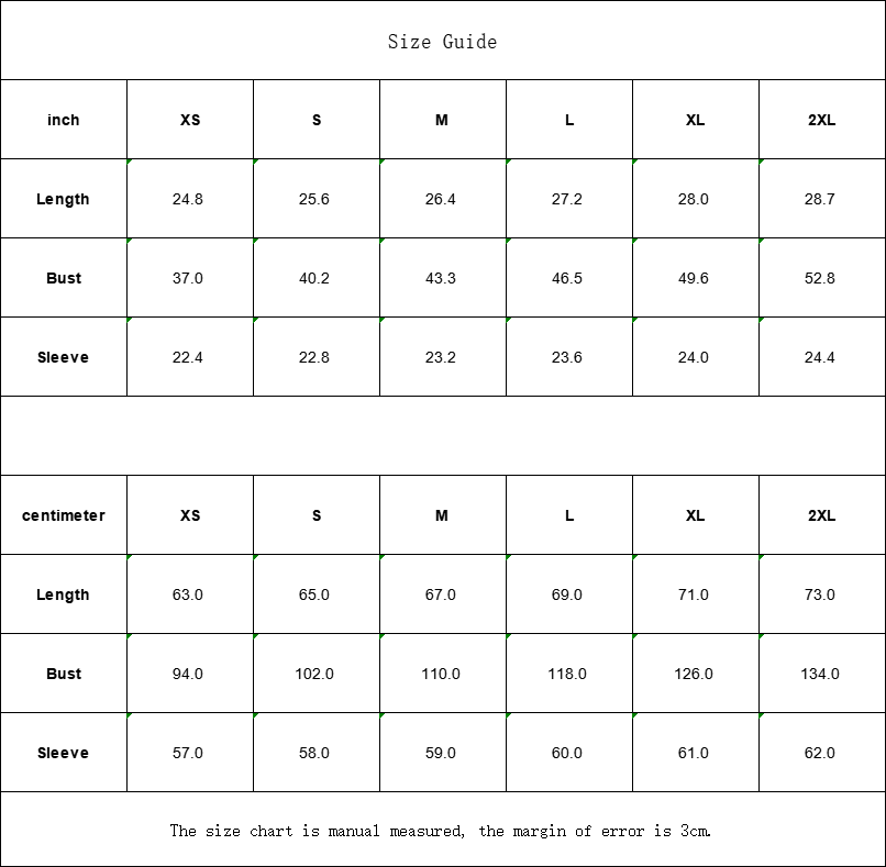 Clothing size guide with measurements in inches.