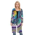 Woman wearing colorful patterned cardigan.
