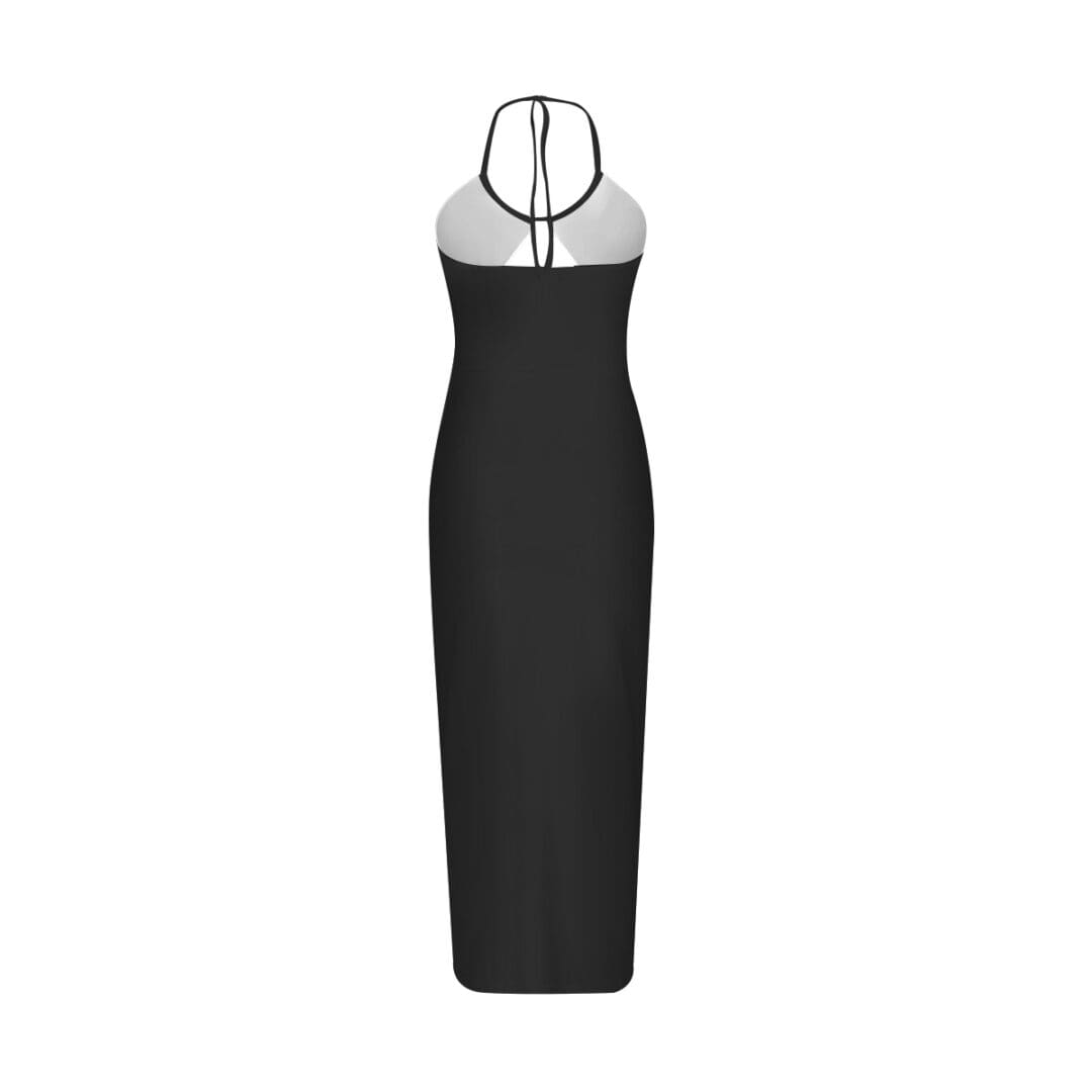 Black halter-neck backless evening gown.