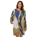 Woman wearing colorful abstract-patterned dress.