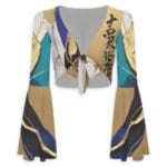 Colorful tie-front blouse with abstract design.