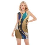 Woman wearing abstract-patterned sleeveless dress.