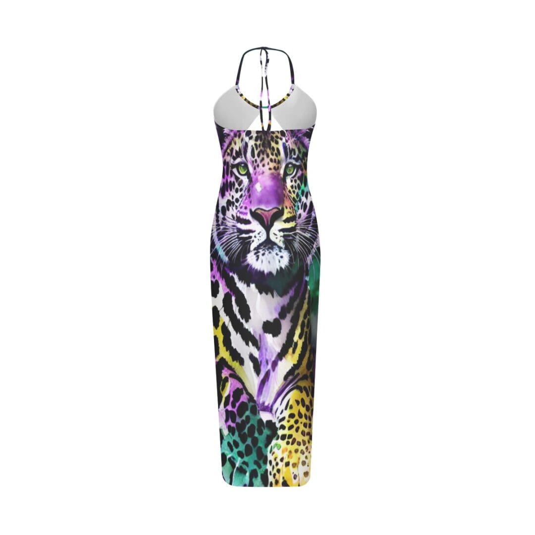 Colorful leopard print halter maxi dress.