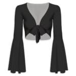 Black long-sleeve crop top with tie-front.