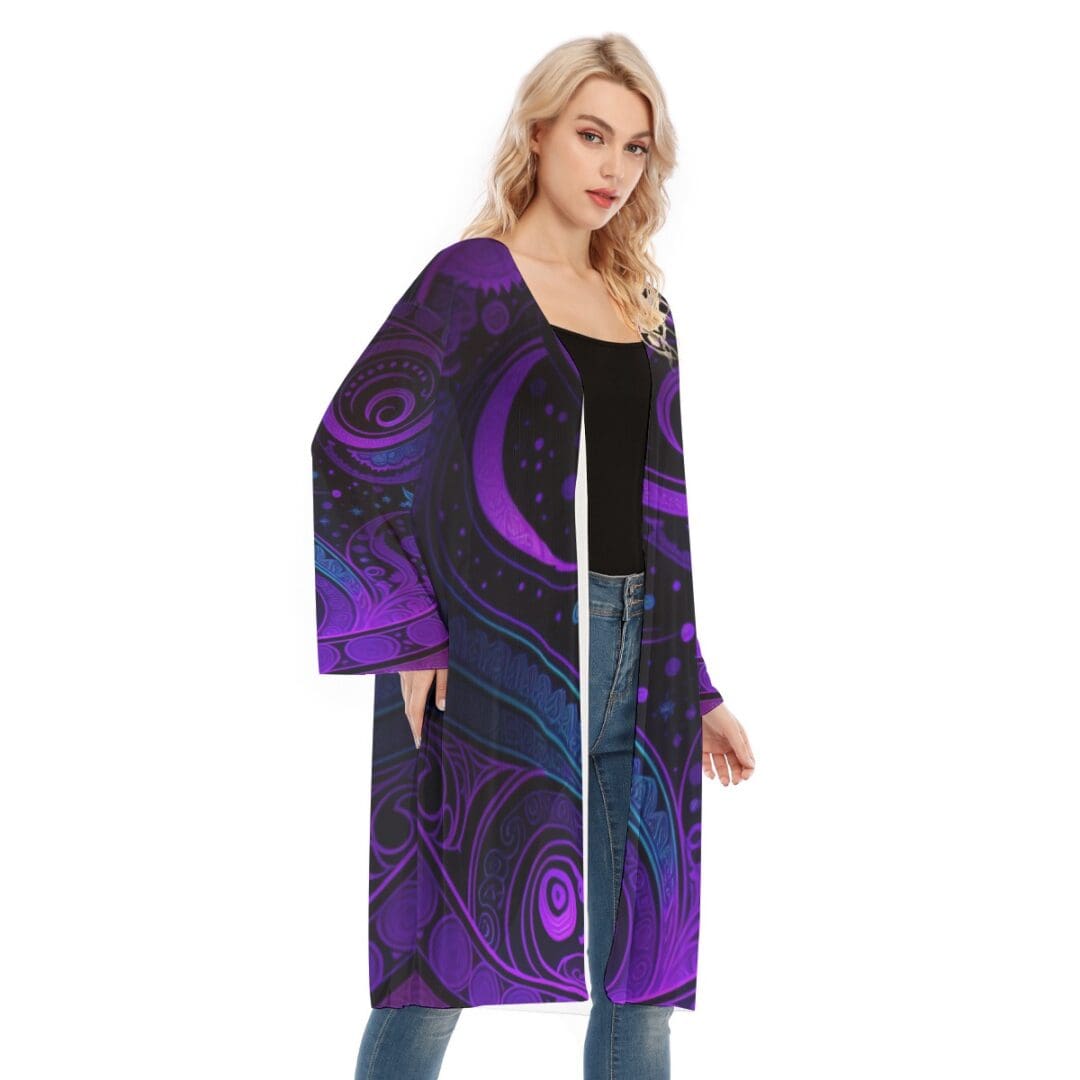 Woman wearing a vibrant purple patterned kimono.
