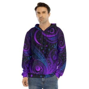 Man wearing purple patterned hoodie, jeans.