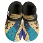 Colorful clogs with abstract artistic design.