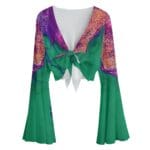 Colorful blouse with flared sleeves and bow.