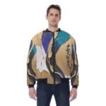 Man wearing colorful abstract jacket design.
