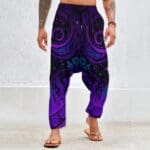Man wearing purple paisley harem pants.