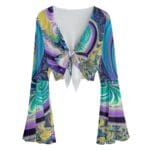 Colorful abstract-patterned long-sleeve wrap top.