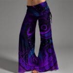 Purple patterned wide-leg pants on model.