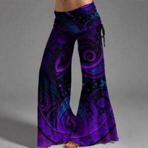 Purple patterned wide-leg pants on model.