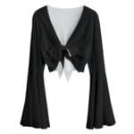 Black bell-sleeve blouse with front bow.