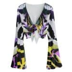 Colorful, patterned long-sleeve tie-front crop top.