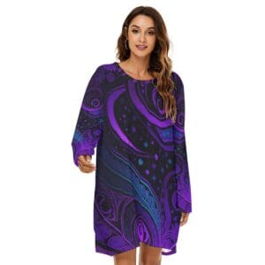 Woman in purple patterned dress smiling.