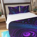 Purple and blue patterned bedding set.