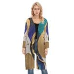 Woman wearing colorful abstract-patterned coat.